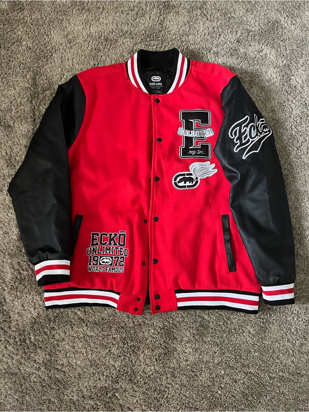 Ecko Unltd Jacket Mens XL Red Black Varsity Faux Leather Sleeves Snap Front